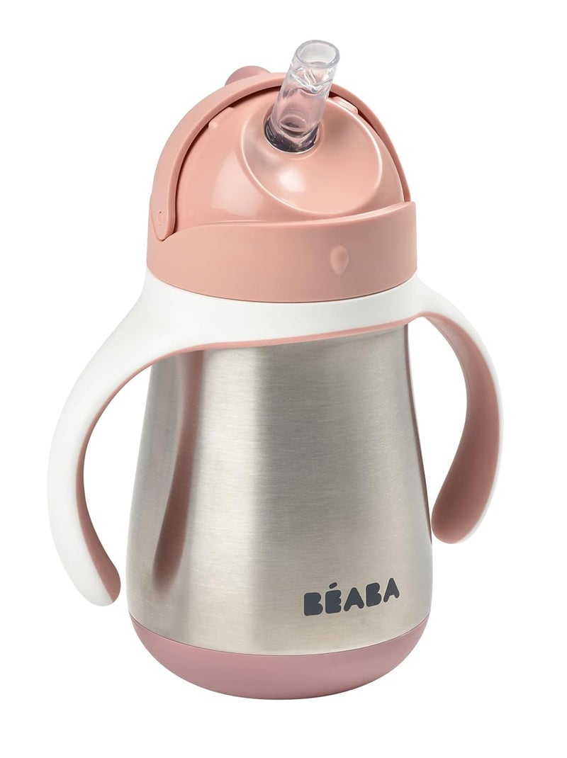 Baba BEABA Stainless Steel Straw Sippy Cup, Insulated Toddler Cups Spill Proof with Removable Handles, Made with High Grade Stainless Steel, 8+ months, 8.5 oz, Rose - Image 1